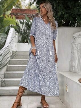 Damask Print Tie Neck Puff Sleeve Smock Dress - Blue/White